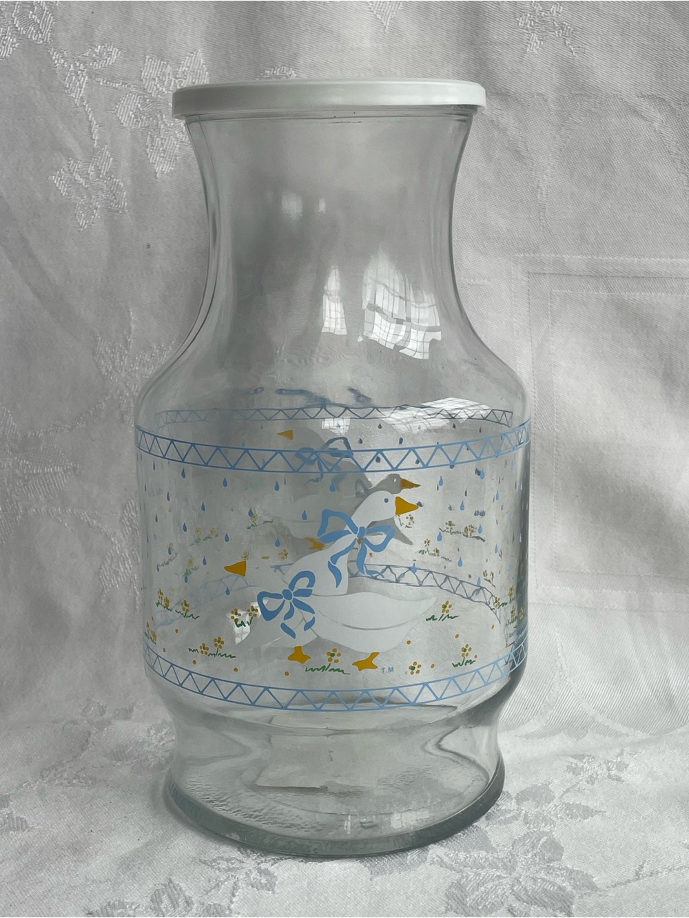 Vintage Anchor Hocking Blue Ribbon Goose Glass Carafe w Lid Cottagecore 1987 NOS
